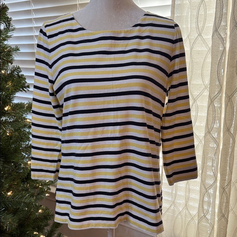 Talbots Striped Cotton 3/4 Sleeve Top Yellow Black White Classic Knit Size M